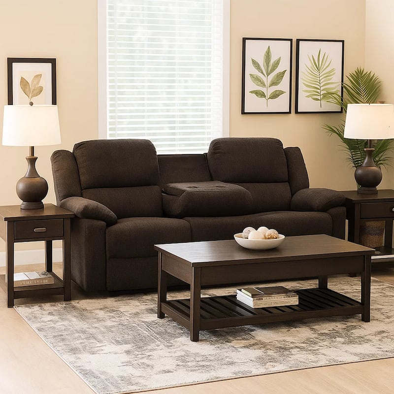 Fabric Wrapped Motion Sofa with Drop Down Table, Brown