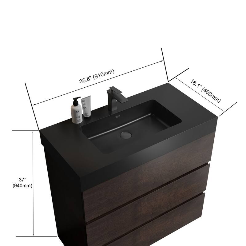 36" Bathroom Vanity with Sink, Large Storage - Walnut+black