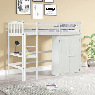 Nestfair Twin Size Loft Bed with Desk and Wardrobe