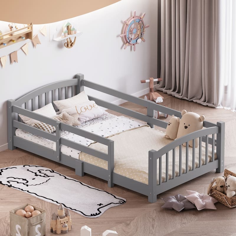 Solid Wood Floor Bed Montessori Bed with Safety Guardrails Without Door - Grey - Twin