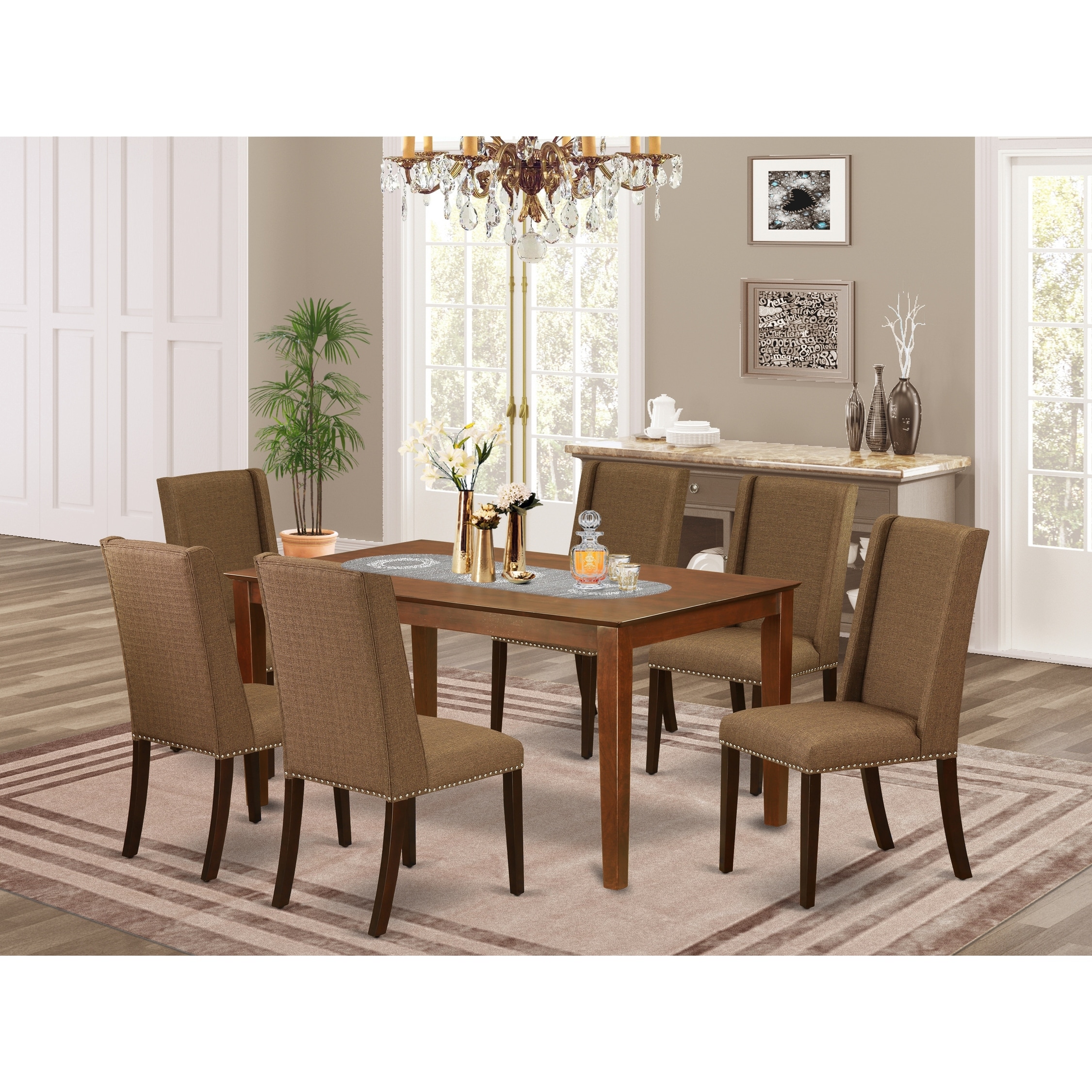cafl7lwh01 7piece dinette set 6 upholstered dining chairs and small  table  high back  linen white finish