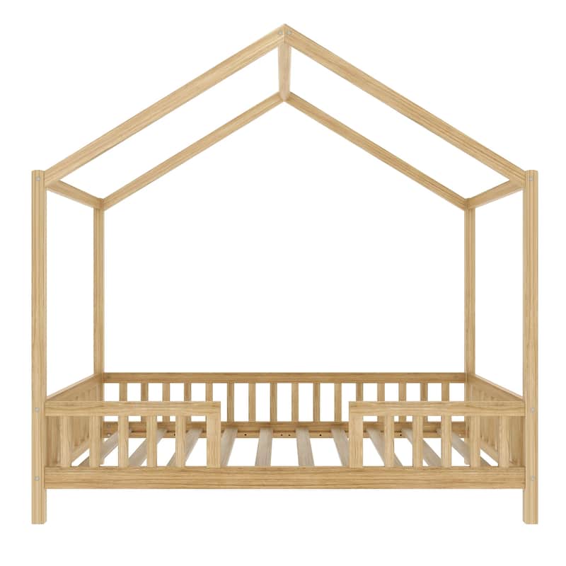Montessori Bed, House-shape Frame Platform Bed for Kids Toddler, Wood House Daybed with High Railings and Roof, Canopy Bed Frame