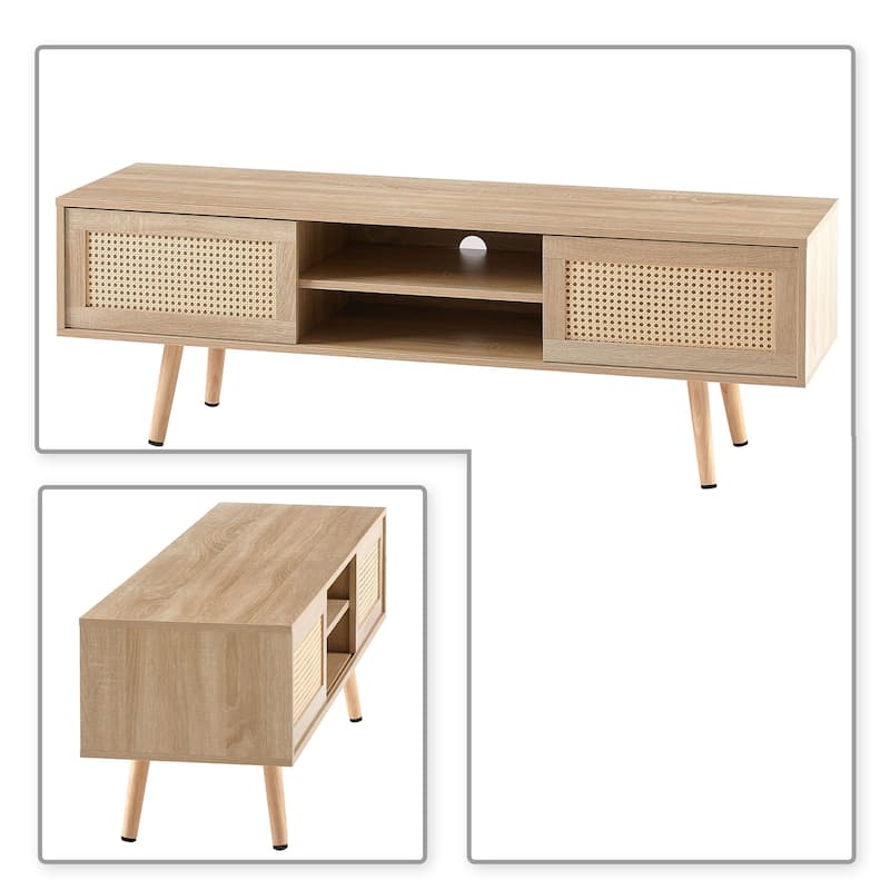 Modern Farmhouse Style Wooden TV Stand with Two Rattan Woven Sliding Doors
