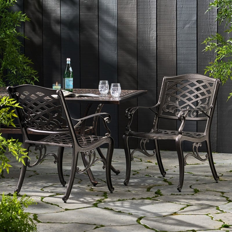 Traditional Cast Aluminum Arm Chair Set of 2 with Floral Accents