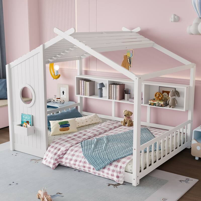 House Bed Frame for Toddler Floor Bed, Kids Montessori Bed with Storage Shelf and Round Window, Playhouse Bed with Roof Design - White - Full