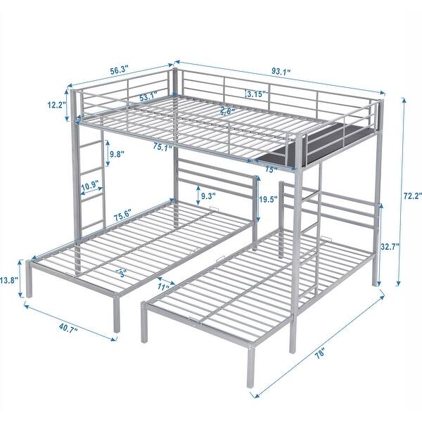 dimension image slide 0 of 2, Full Over Twin & Twin Bunk Bed with Safety Guardrail, Built-in MDF Shelf, Space-Saving 3-in-1 Design, Sturdy Black Metal Frame