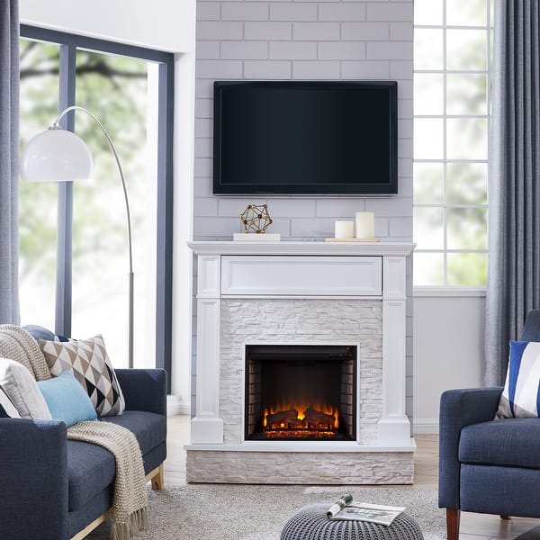 Shop Black Friday Deals On Ashfield White Faux Stone Electric Fireplace With Storage Overstock 23435183