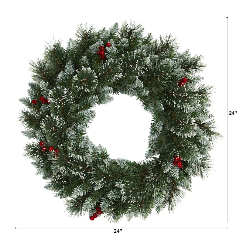 24" Frosted Swiss Pine Wreath with 35 Clear LED Lights and Berries
