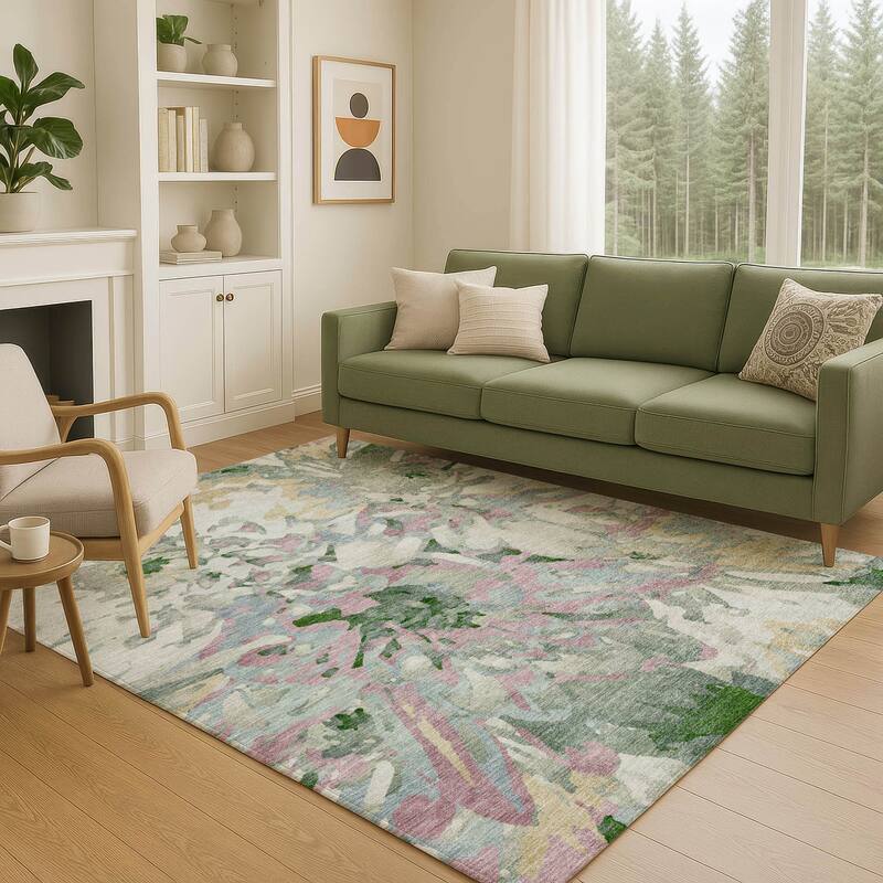 Machine Washable Indoor/ Outdoor Abstract Floral Chantille Rug