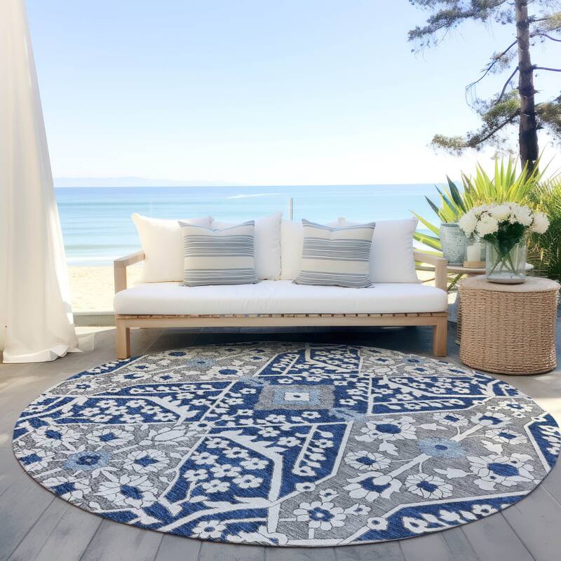 Machine Washable Indoor/ Outdoor Chantille Traditional Medallion Rug - Navy - 8' x 8'