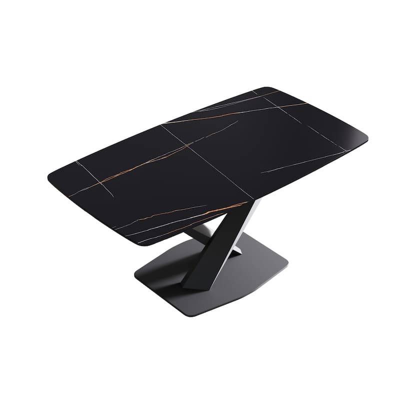 63" Modern Rectangular Sintered Stone Dining Table with Black X-Shaped Carbon Steel Legs