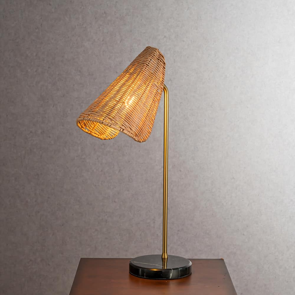 CraftHome Farmhouse Handwoven Rattan Table Lamp Antique Brass Finish Black Marble Base Nightstand Lamp For Bedroom - W13''