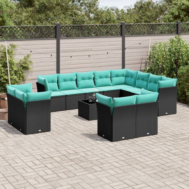 vidaXL 12 Piece Patio Sofa Set with Cushions Black Poly Rattan - 24.4x27.2x24.4-With table