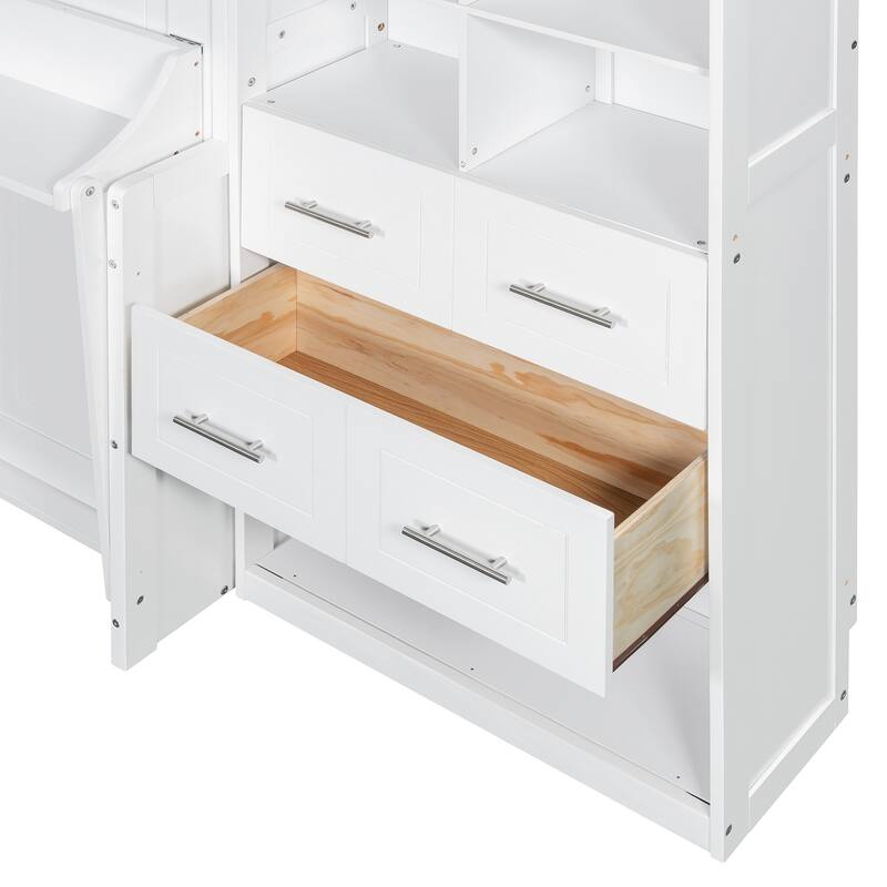 Full Size Wall Bed with Closet, Drawers, and Shelves in White