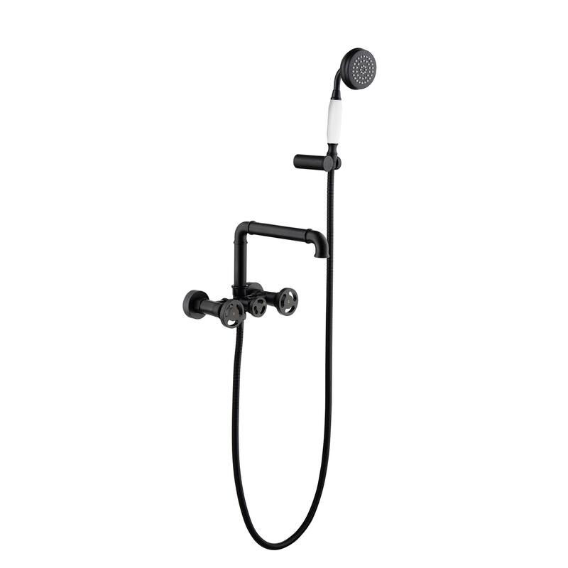 2-Handle Wall Mounted Tub Faucet Set With Hand Shower in Black/Gold