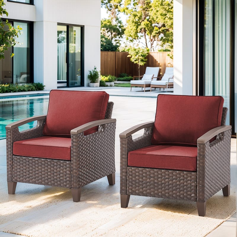 High Back Outdoor Patio Chairs Set of 2 - Brwon Wicker Grey Cushion
