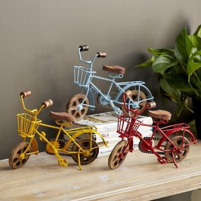 Multi Colored Metal Bike Sculpture with Wood Wheels (Set of 3) - 11 x 5 x 8