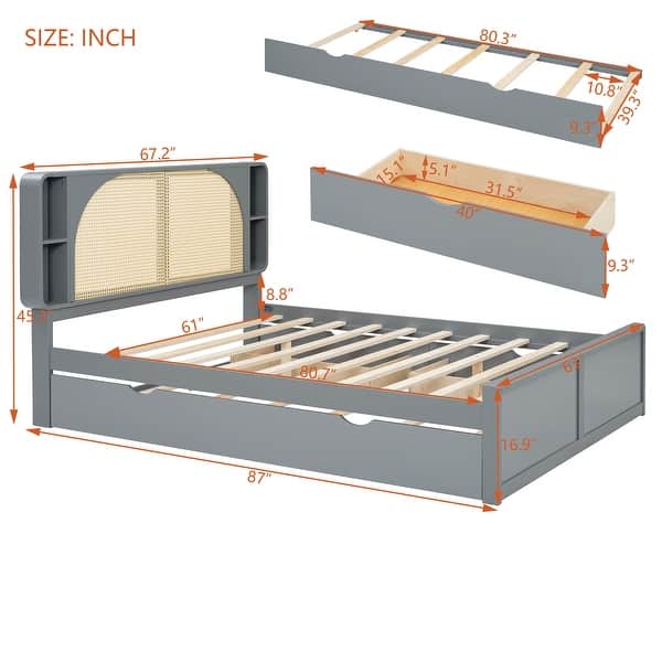 Queen Rattan Headboard Bed Frame with Storage Drawers and Pull-Out Trundle, Elegant Design, Durable Slat Support, Grey