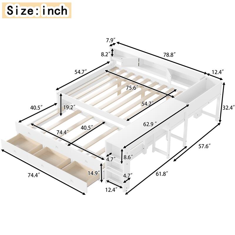 Full/Twin Daybed with Trundle & Storage Drawers - Wood Frame with Side Shelves and Desk
