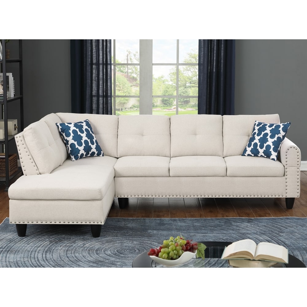 Modern Built-in Cup-holders Console Linen Sectional Sofa with 2 Pillows