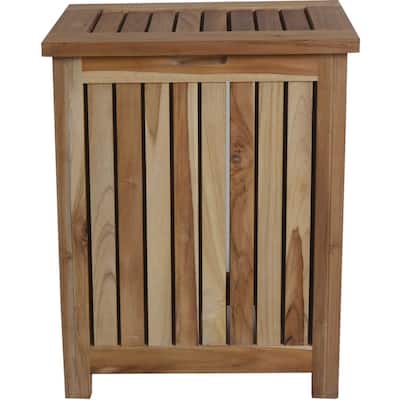 Contemporary Brown Wood Laundry Hamper with Removable Bag Durable Teak Slatted Design - 20" x 13" x 26