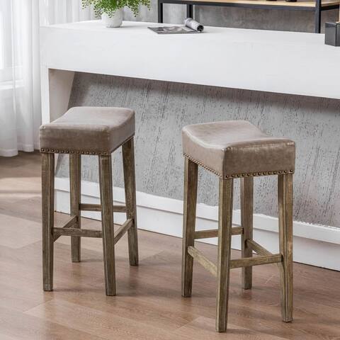 Bar Saddle Stools Set of 2, 29"/26" Counter Height Bar Chairs, PU Leather Solid Wood, Padded Saddle for Kitchen Island Pub Party