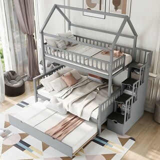 Gray Twin over Full Size House Bunk Bed with Storage Staircase and ...