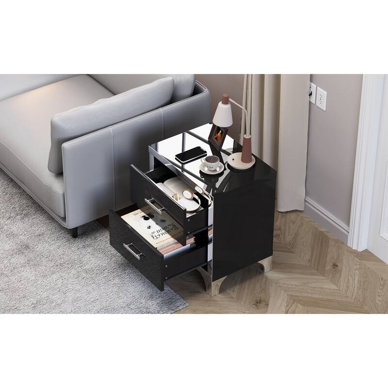High Gloss Mirrored Nightstand with 2 Drawers,Modern End Table with Drawers,Mirrored High Gloss Wood Nightstand Metal Handle