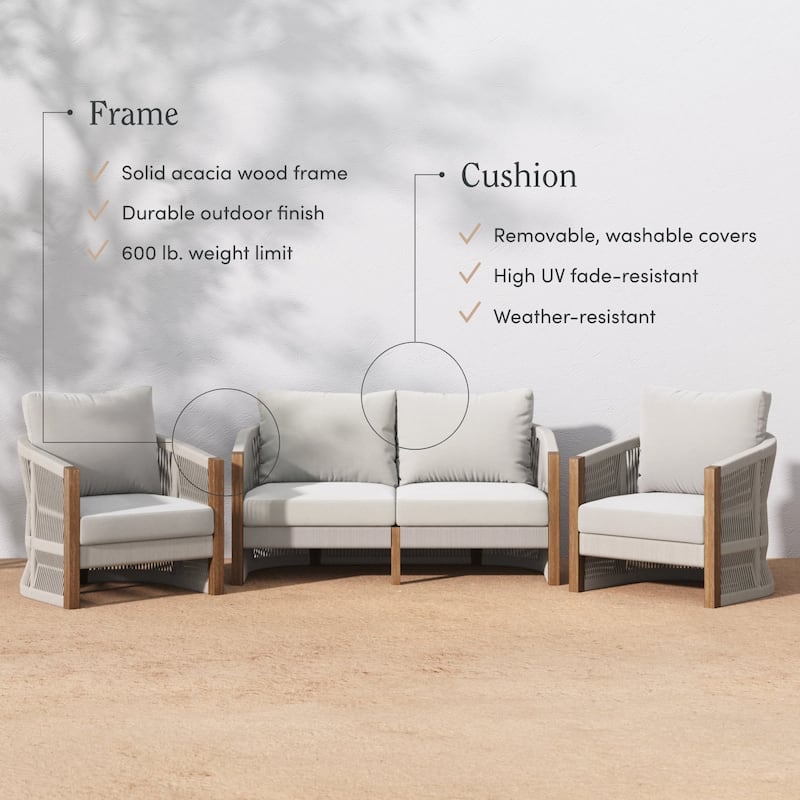 Jagger Farmhouse Patio Seating with Solid Acacia Wood Frame, Cushions, and Rope Accent