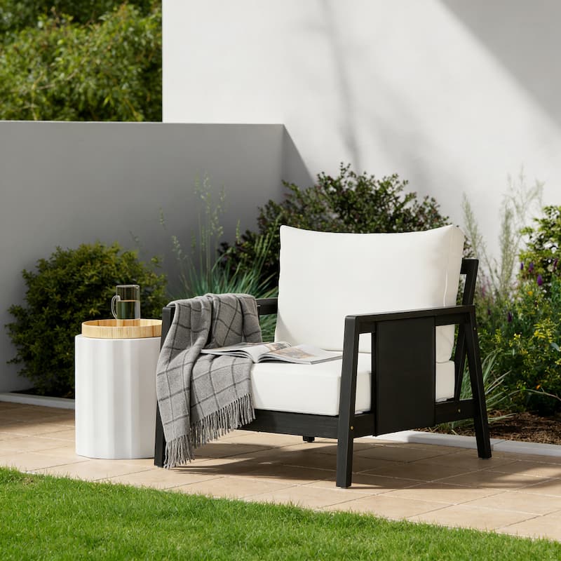 Christopher Knight Home - Outdoor Acacia Wood Club Chair with Water-Repellent Cushions and Textilene Accents - 1-piece - Dark Grey+Black Textilene+White cushion