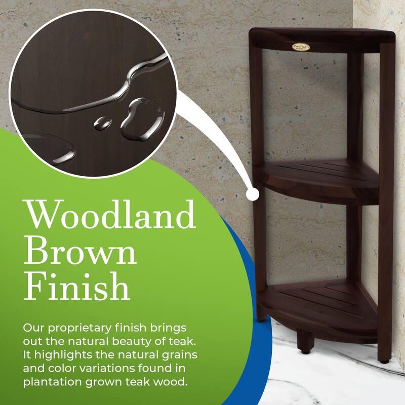 DecoTeak Oasis 3-Tier Solid Teak Corner Shower Shelf in Signature WoodLand Brown Finish