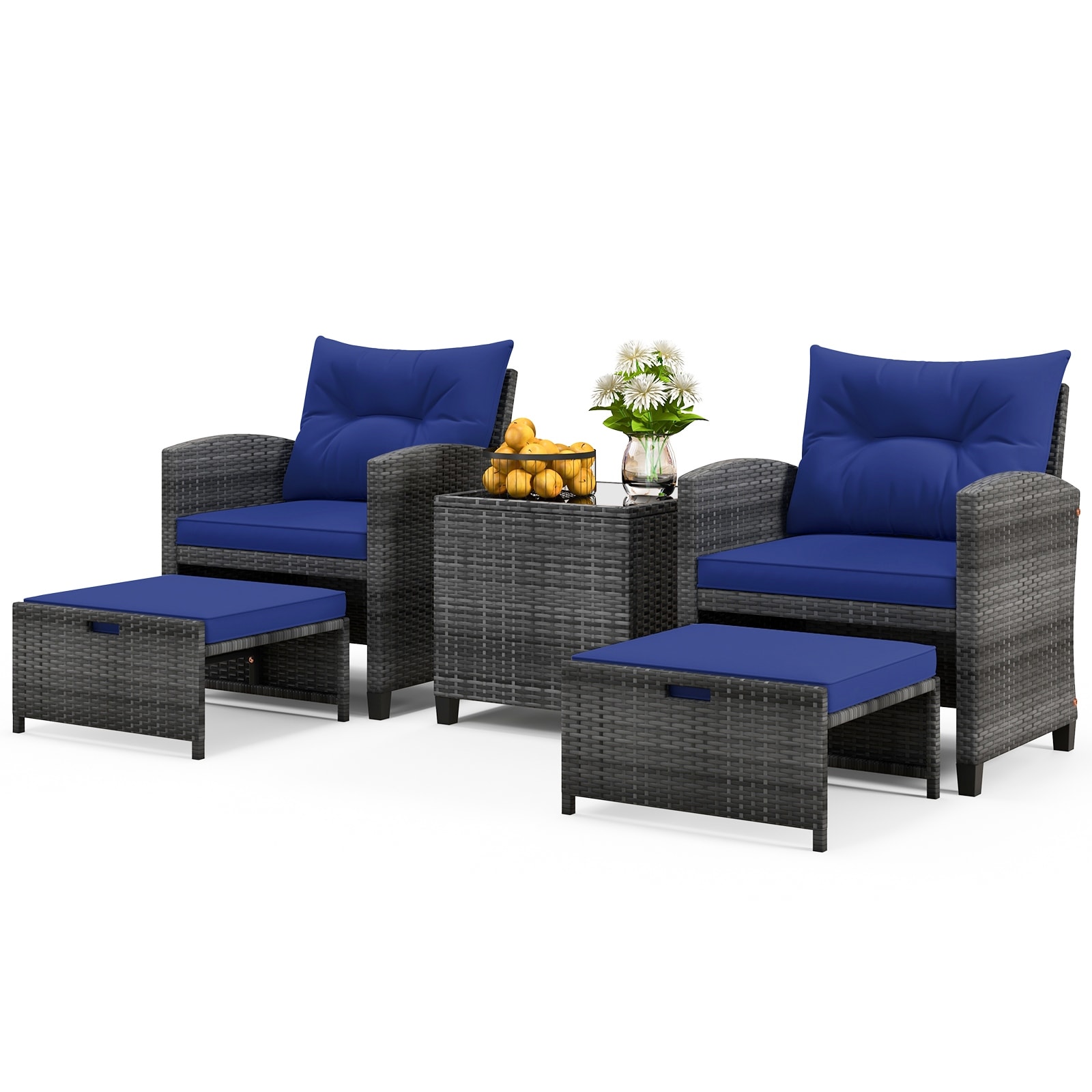 5 PCS Patio Furniture Set Wicker Conversation Set w/Cushions & Ottoman