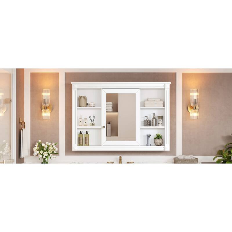 42"Wall Mounted Bathroom Storage Cabinet, Modern Wall Cabinet with Mirror, Mirror Cabinet with 6 Open Shelves