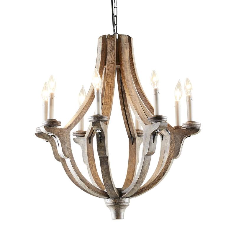 Wood Caged Style 8 Light Chandelier with Link Style Chain - Brown - Roche River Decor - Brown