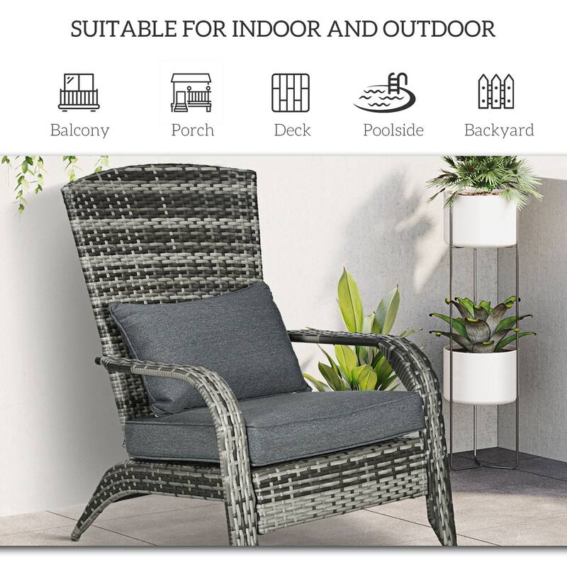 Outdoor Wicker Adirondack Chair, Patio Fire Pit Chair with Soft Cushions, Tall Curved Backrest & Armrests