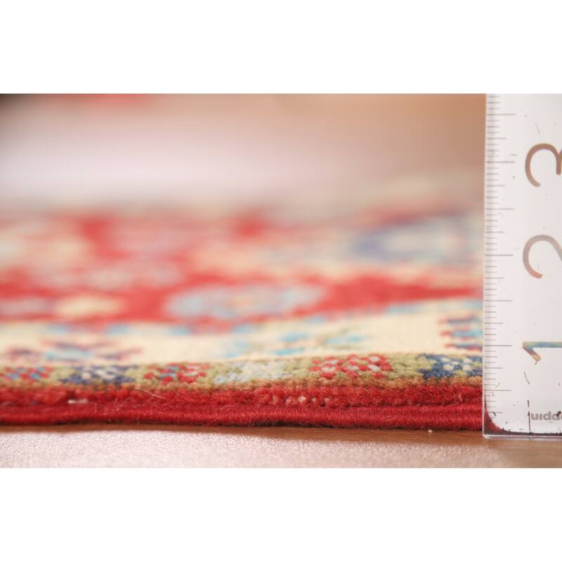 Red Geometric Kazak Foyer Rug Hand-Knotted Traditional Wool Carpet - 2'0" x 3'0"