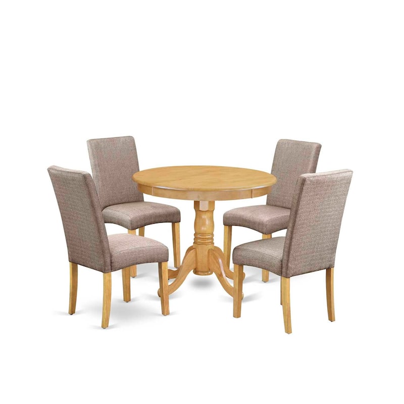 Round Dining Table Set 5pc - 36" Table & 4 Chairs - Rustic Oak Finish - Linen Fabric Dark Khaki