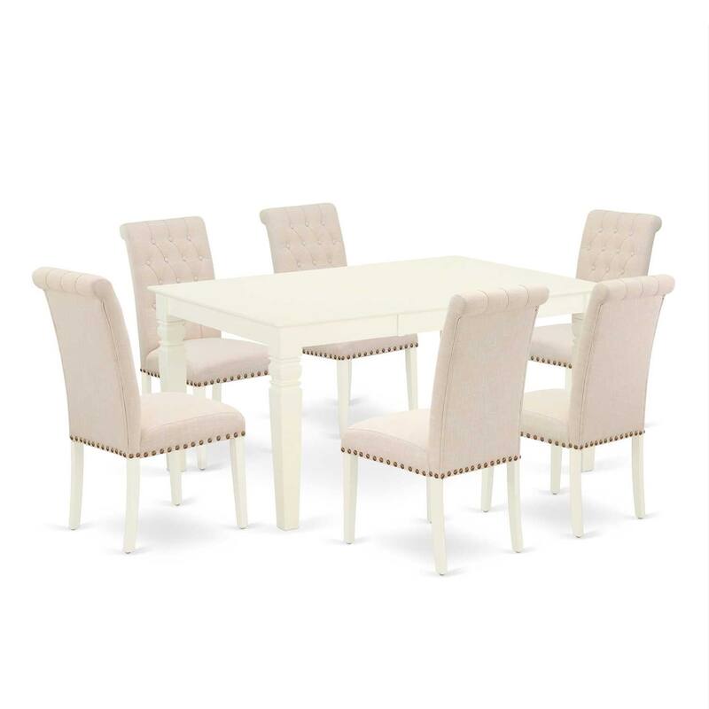 7Pc Dinette Set - Kitchen Table with Leaf & 6 Parson Chairs - Light Beige Fabric, White Finish - 60