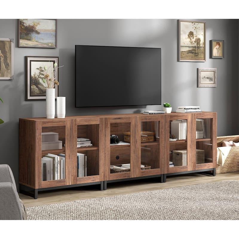 WAMPAT Modern TV Stand with Glass Doors for 110 inch TVs, Entertainment Center Console with Adjustable Shelves and Metal Base