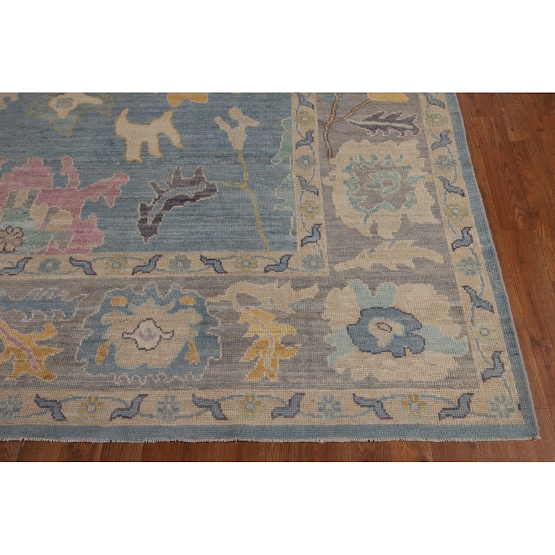 Blue Floral Oushak Turkish Area Rug Hand-Knotted Wool Carpet - 8'3"x 10'1"