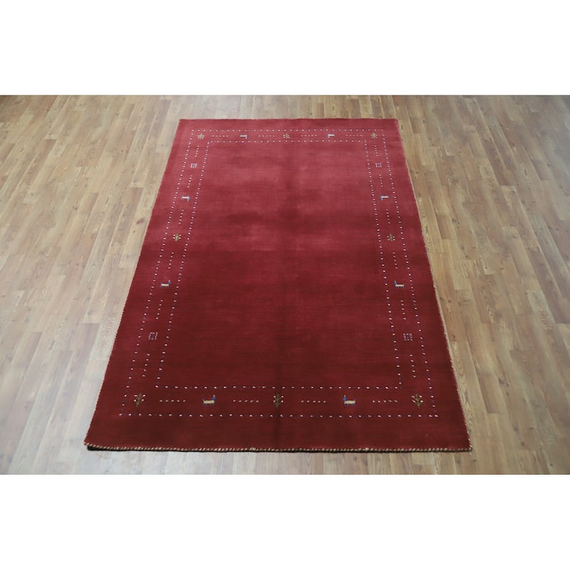 Modern Gabbeh Indian Area Rug Handmade Tribal Red Wool Carpet - 4'10" x 7'7"