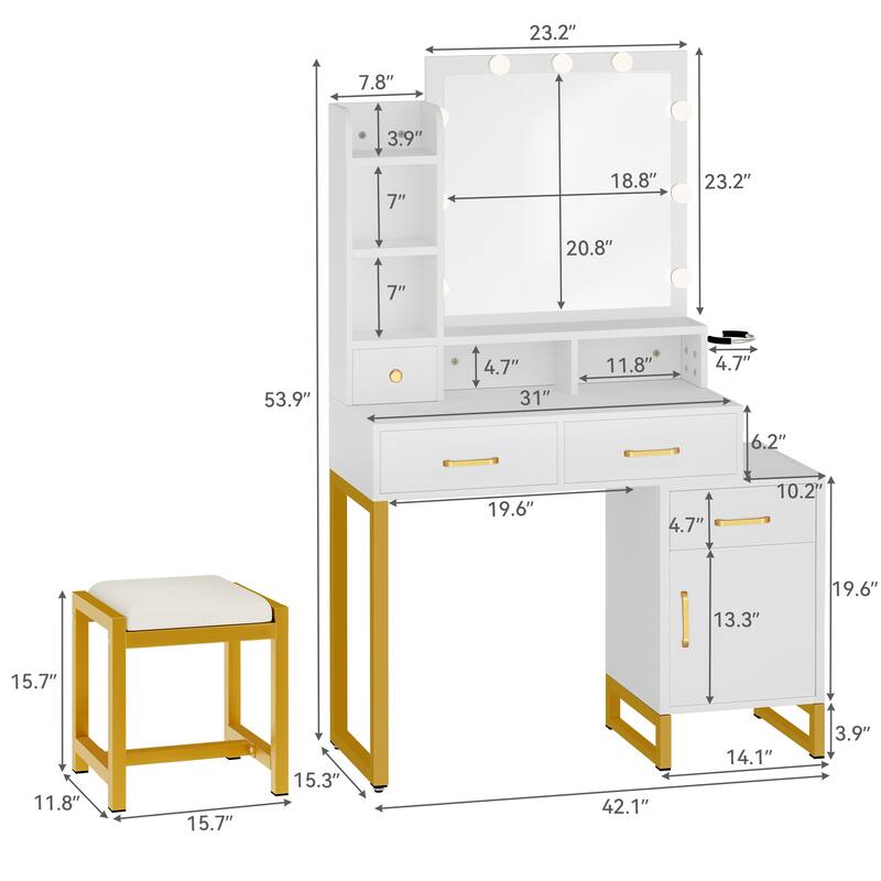 42.1" Mirror Makeup Vanity Table with Stool and Mirror Bulbs - 42.1''L x 15.3''W x 53.9''H