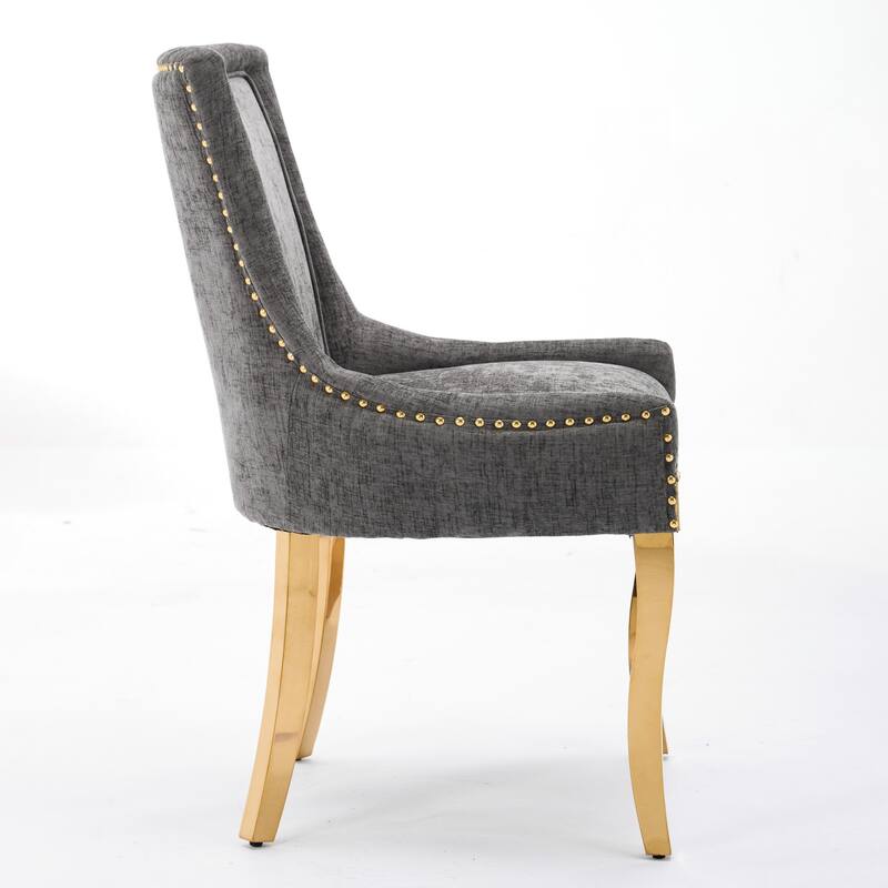 Chenille Dining Chairs, with Curved Gold - Plated Legs & Rivet Trim, Accent Seating with Textured Fabric, Set of 2