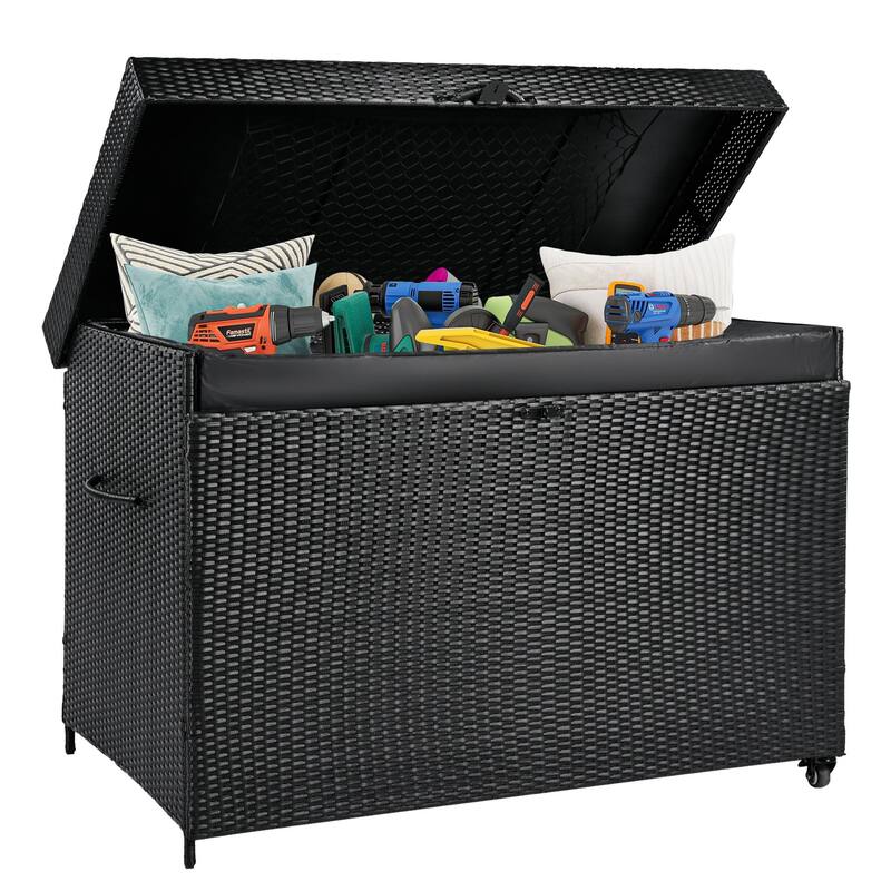 230 Gallon Wicker Deck Box with Wheels,All-Weather Outdoor Storage Box,Rattan Storage Bin - N/A