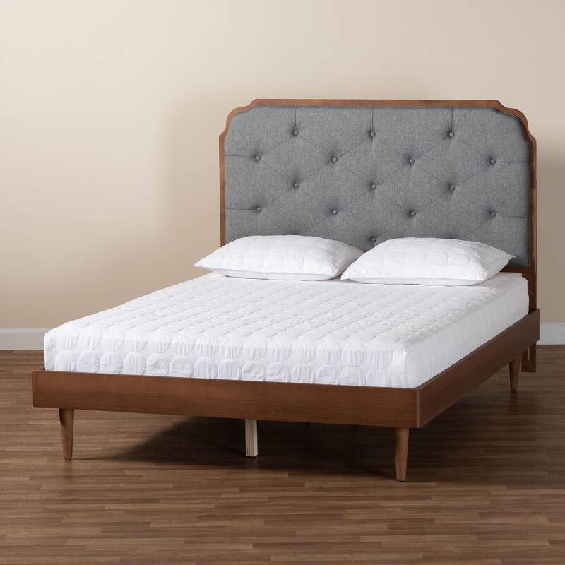 Garron Mid-Century Modern Grey Fabric and Walnut Brown Wood Queen Size Platform Bed