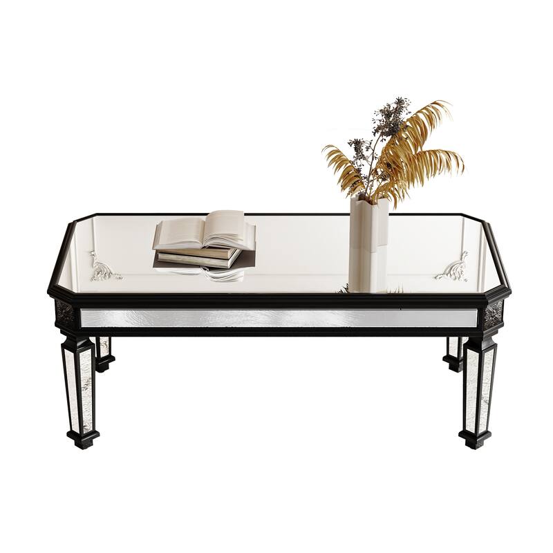 Roomfitters 48" Mirrored Coffee Table, Black Carved Wood Center Table, Rectangle Glass Tea Table for Living Room, Silver