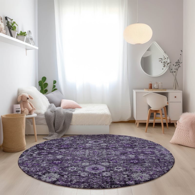 Machine Washable Indoor/ Outdoor Chantille Traditional Vintage Floral Rug - Purple - 8' x 8'