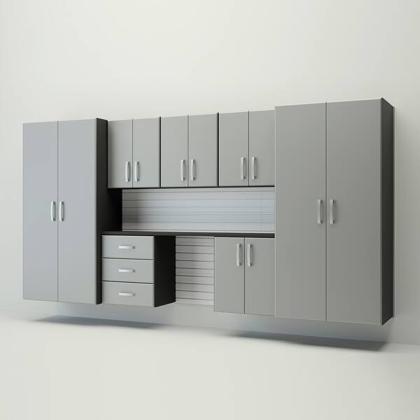 slide 2 of 6, Flow Wall 8 Piece PVC Indoor Cabinet Deluxe Workstation White Slatwall / Silver Cabinets