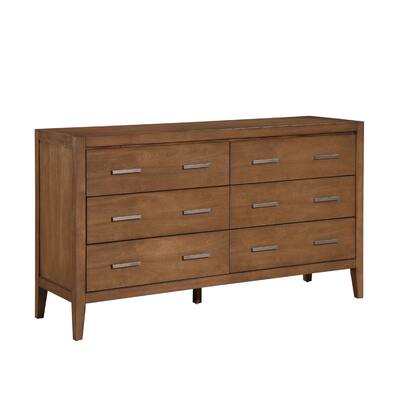 Evi Dresser, 60 Inch, 6 Drawers, Brushed Rich Brown Wood, Brass Pulls
