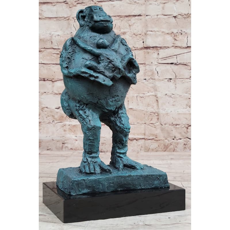 Hand Made Picasso Baboon Monkey Animal Holding Her Baby Genuine Bronze Statue